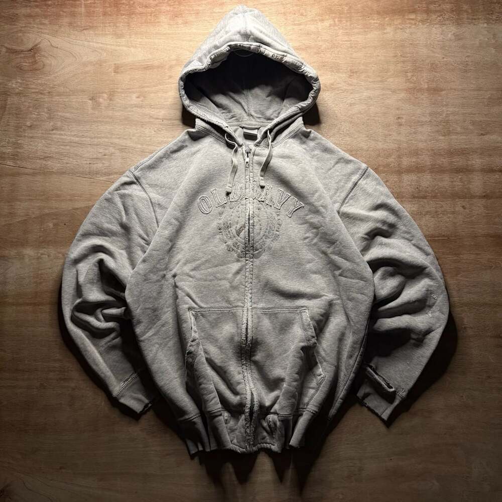 Vintage Old Navy Distressed Full Zip Hoodie Gray Y2K Grunge Trashed XL
